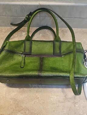 Green Leather Travel Duffel with Top Handles and Shoulder Strap
